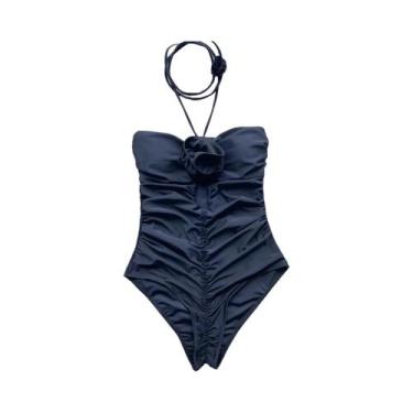 Imagem de Maiô Feminino Preto Sexy Com Flores 3D, Monokini De Uma Peça Com Ombro