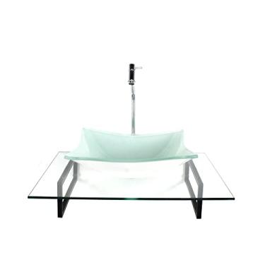 Imagem de KIT CUBA DE VIDRO RETANGULAR BRANCA COM TAMPO 60CM INCOLOR E SUPORTE PRETO