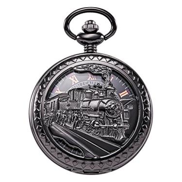 Imagem de Treeweto – Relógio masculino antigo, com bolso mecânico, esqueleto e estojo preto, trem a vapor, ferrovia, números romanos