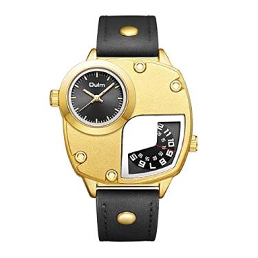 Imagem de Lancardo Relógio masculino irregular com dois mostradores de fuso horário, grande, pulseira de couro, relógio de pulso para negócios esportivos, Dourado