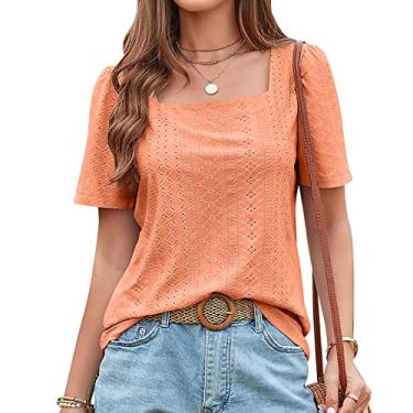 Imagem de Camiseta feminina de verão manga curta ajuste solto blusa manga quadrada oca doce camisa tops para usar com leggings, laranja, M