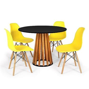 Imagem de Conjunto Mesa de Jantar Talia Amadeirada Preta 100cm com 4 Cadeiras Eames Eiffel - Amarelo