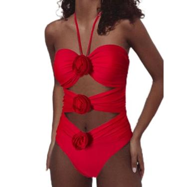 Imagem de Swmmer Liket Maiô feminino sexy frente única maiô controle de barriga maiô recorte praia 3D floral monoquíni, Vermelho, M