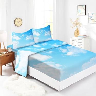 Imagem de Bhoyctn Jogo de lençol Queen Size céu nuvens azul estampado ultra macio 100% microfibra - 40,6 cm bolso profundo respirável confortável conjunto de lençóis - 4 peças
