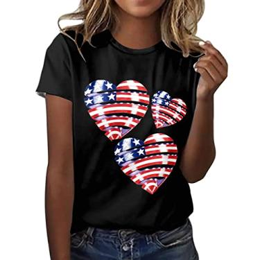 Imagem de Camisetas femininas vermelhas brancas e azuis listradas com estrelas dos EUA, jeans com bandeira americana, camisetas femininas do Dia da Independência, Preto, GG