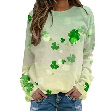 Imagem de Lainuyoah 2024 Camiseta feminina do Dia de São Patrício com estampa de trevo irlandês, gola redonda, blusa bonita, verde, casual, elegante, L#amarelo, G