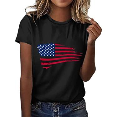 Imagem de Camisetas femininas de 4 de julho com bandeira americana listras estrelas, casual, patriótico, memorial, festival, Preto, P