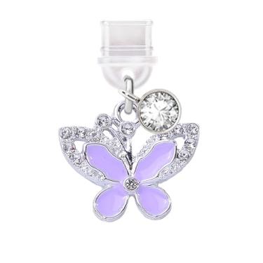 Imagem de ELISE & FONDA TP342 Tipo-C porta de carregamento USB plugue antipoeira pequena borboleta de cristal pingente de telefone celular para iPhone 15 e Samsung/OnePlus/Xiaomi/oppo telefones Android (roxo),