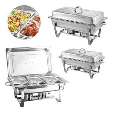 Imagem de Kit 3 Rechaud Retangular 9 Litros Com 3 Cubas 1/3 Buffet Banho Maria Aço Inox Cor Prata Acetinado Brinovar