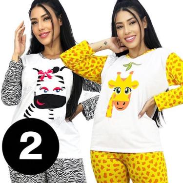 Imagem de Kit 2 Pijama Estampa Animais Inverno Feminino Adulto Longo - Adessa, K