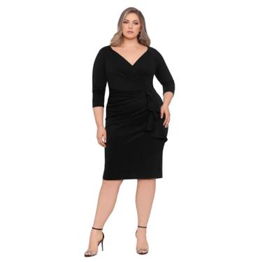Imagem de Xscape Vestido feminino plus size midi gola V manga 3/4 franzido lateral, Preto, 50