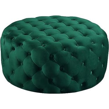 Imagem de Luxuoso e confortável banco de pelúcia para os pés, pequena mesa de centro moderna, otomano redondo tufado de veludo, banco na extremidade da cama para sala de estar, quarto de hospedagem -