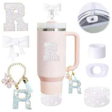 Imagem de Conjunto de 6 peças de acessórios de copo Stanley branco adequado para Stanley Cup 850 g 1,134 g, incluindo pingente de alça, adesivo inicial personalizado, topo de palha, bota de silicone brilhante,