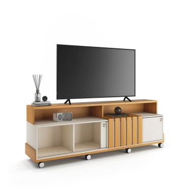 Imagem de Rack Bancada Sala Estar Detalhe Ripado TV Até 70 Polegadas 2 Portas de Correr Rodízios Cromados Graci 1.8