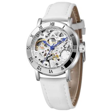 Imagem de MASTOP Relógios femininos Steampunk automáticos com corda automática, pulseira de prata mecânica, relógio de pulso esqueleto feminino, Couro branco, Mecânico