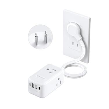 Imagem de TROND Filtro De Linha De 2 Pinos, Adaptador De Tomada De Dois Pinos, Usb C De 20 W, Cabo De Extensão De Plugue Ultra Plano De 5 Pés, 1250 W, 3 Tomadas, Montagem Na Parede, Design De 3 Lados, Ideal P