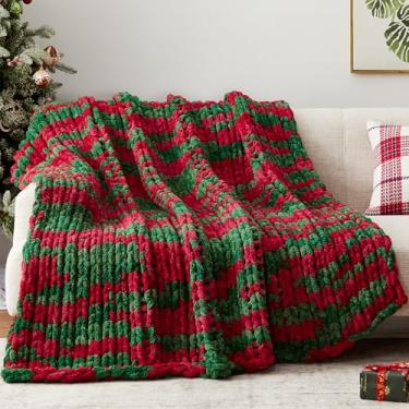 Imagem de Cobertor de malha grossa, 152 cm x 203 cm, cobertores de chenille de malha para sofá de cama, cobertor de crochê com listras de Natal feito à mão, cobertor grande e grosso, lavável na máquina,