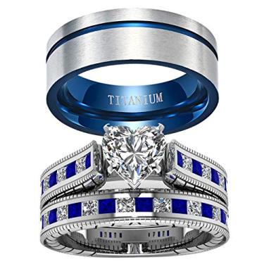 Imagem de Anéis de casamento para ele e para ela anéis de casal de coração CZ feminino conjunto de alianças de casamento azul titânio aço masculino