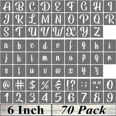 Imagem de Estênceis de letra do alfabeto de 15,2 cm – Pacote com 70 modelos de estêncil com placas para pintura em madeira, estêncil reutilizável de letras e números de caligrafia para placas de madeira de tecido de quadro-negro