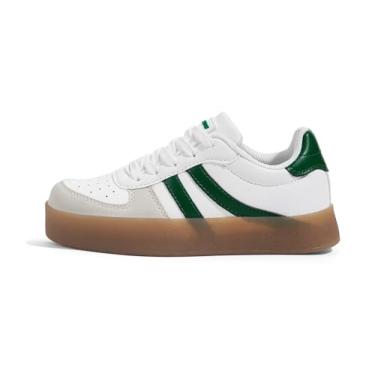 Imagem de LUCKY STEP Tênis infantil unissex com cadarço e plataforma de moda escolar respirável tênis atlético para caminhada para meninos e meninas, Branco/Verde, 12 Little Kid