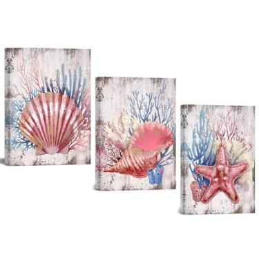 Imagem de Nachic Wall 3 peças de arte de parede em tela rosa concha estrela do mar com pintura coral azul fotos decoração de parede moderno mar oceano pôster lona mulher quarto banheiro decoração emoldurada pronta para pendurar