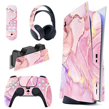 Imagem de PlayVital Adesivo com efeito de mármore dourado rosa cósmico para PS5 Console Disk Edition, capa adesiva PS5 para controle Playstation 5 e DualSense e estação de carregamento e fone de ouvido e controle remoto de mídia