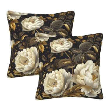 Imagem de Lalamelody Capas de almofada vintage com rosas de peônia floral e plantas chinoiserie folhas de flores brancas ouro preto para cama, sofá, escritório, sala de estar, capas de almofada (conjunto de 2