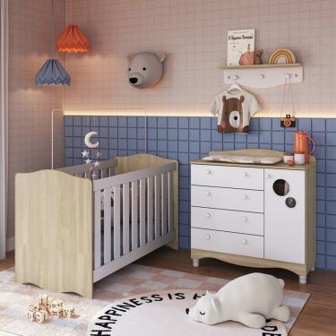 Imagem de Conjunto Quarto De Bebê 1 Berço 1 Colchão 1 Cômoda 4 Gavetas 1 Prateleira Carvalho Araguaia-branco