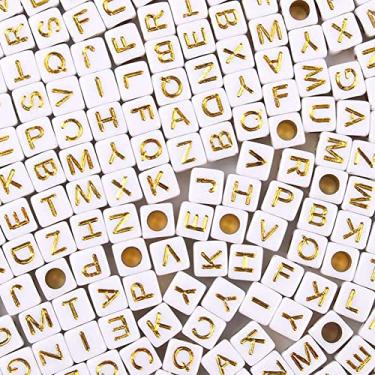 Imagem de 1200 contas do alfabeto 6 × 6 mm, cubo branco, contas de letras de acrílico, ouro, para fabricação de pulseiras e joias