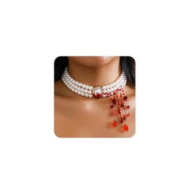 Imagem de Colar gargantilha de pérolas de sangue pingando para mulheres, várias camadas, colares de pérolas de Halloween, gótico, festa de vampiro, bijuterias, presentes, Short, Pérola, Pérola