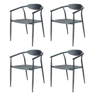 Imagem de Kit 4 Cadeiras Empilhável Isla Fratini Em Alumínio Preto Assento Com Trama De Corda Náutica Preto