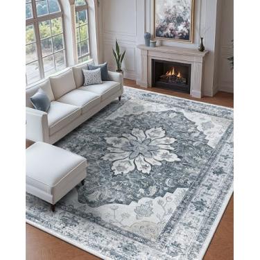 Imagem de RELEANY Tapetes Laváveis Antiderrapantes De 9' X 12', Com Estampa Floral Vintage, Medalhão, Para Sala Estar, Quarto E Jantar, Cinza Claro, Branco