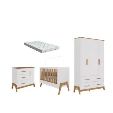 Imagem de Quarto Bebe Completo Moveis Peroba Guti Retro MDF + Colchão, Branco Am