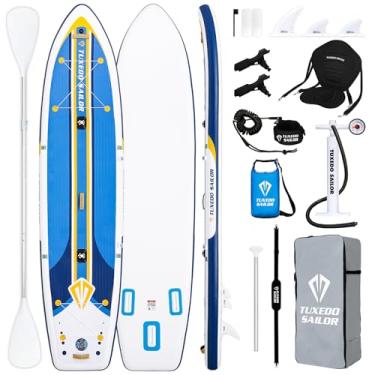 Imagem de Tuxedo Sailor Tábua de pé inflável de 30 x 86 x 15 cm ISUP ultraleve com acessórios de paddleboard, nadadeiras, remo ajustável, bomba, mochila, guia, bolsa de telefone à prova d'água, assento de caiaque..