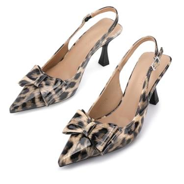 Imagem de Zelaprox Sandália feminina fechada de bico fino com salto gatinho com fivela ajustável, laço e nó para encontros, festas, casamentos, convidadas, formaturas, Estampa de leopardo, 9.5