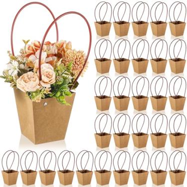 Imagem de Gilprop Pacote com 30 sacos de buquê de flores de papel kraft com alça, caixa de buquê marrom com forro impermeável para lembrancinhas de festa de casamento de aniversário (12,5 x 4,9 x 3,1 polegadas)