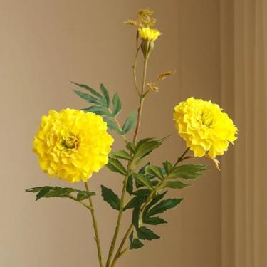 Imagem de Flor artificial de 73 cm de comprimento, 3 cabeças, ramo de crisântemo, decoração para casa, buquê de casamento, flor falsa de seda (amarelo)