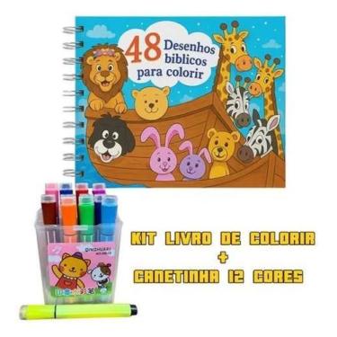 Imagem de Livro Bíblico De Colorir + 12 Canetas Hidrocor Infantil - Mimos Pet