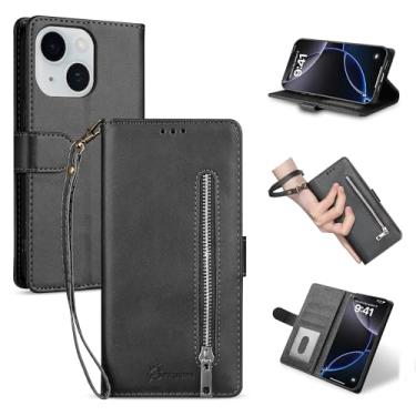Imagem de BFKUSPN Capa carteira compatível com iPhone 15 Plus de 6,7 polegadas com zíper para cartão de crédito 【bloqueio RFID】 Capa de telefone flip de couro PU feminina masculina para Apple 15 Plus (preta, 15