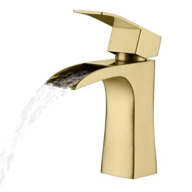 Imagem de Torneiras misturadoras de pia de banheiro, torneiras de cachoeira para pia, torneira de vestiário moderna quadrada, torneira misturadora de lavatório de aço inoxidável, ouro escovado