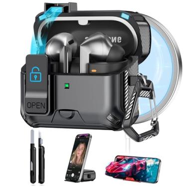 Imagem de Capa de bloqueio seguro para Samsung Galaxy Buds3 Pro e Galaxy Buds 3 (2024), com suporte de telefone e compatível com MagSafe, capa dura à prova de quedas com kit de limpeza e chaveiro, abertura