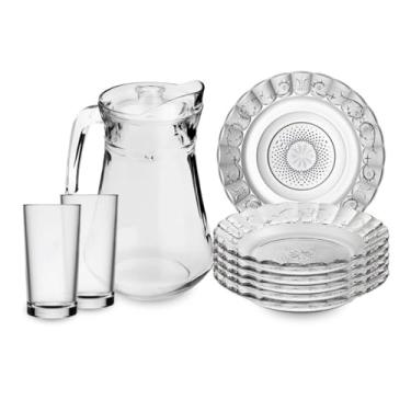 Imagem de Jogo De Pratos Fundos E Copos C/13 Peças Aparelho de Jantar Em Vidro Com Jarra (Crystal)
