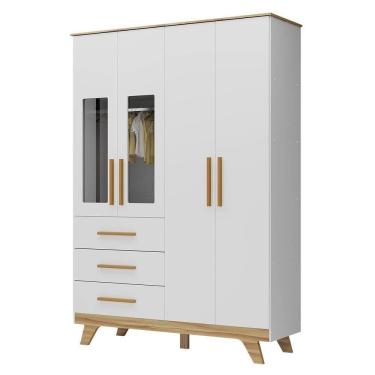 Imagem de Guarda Roupa Infantil Retrô 4 Portas Com Janelas E 3 Gavetas Branco Brilho/amêndoa - Móveis Peroba