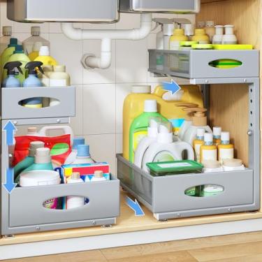 Imagem de Organizador sob a pia, prateleira organizadora de 2 camadas embaixo do armário com almofada para armários emoldurados, armazenamento deslizante de metal embaixo da pia, gavetas deslizantes de malha