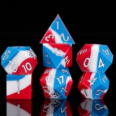 Imagem de D&D Silicone Rubber Polyhedral DND Dice Set,Sharp Edges Soft Perfect Bouncer for Dungeons and Dragons, RPG, MTG (D4, D6, D8, D10, D12, D20, D%) Blue White Red