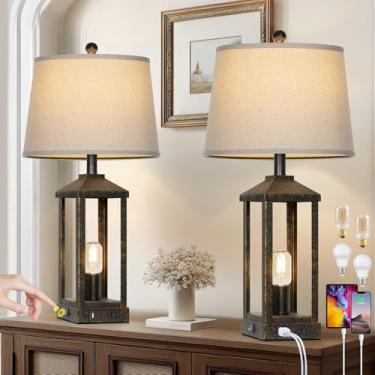 Imagem de Abajur de mesa vintage de 71 cm de altura com USB C+A e tomada, candeeiro de mesa industrial bronze para sala de estar, candeeiro de cabeceira rústico de casa de fazenda com luz noturna para mesa de