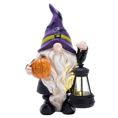 Imagem de TERESA'S COLLECTIONS Decorações de Halloween Estátuas de Gnomos de Jardim com Luzes Solares, Bonito Chapéu de Morcego Roxo Decoração de Resina com Lanterna para Casa, Mesa, Exterior, Quintal, Abóbora