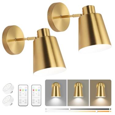 Imagem de KELUOLY Arandelas de parede douradas operadas por bateria sem fio, conjunto de 2 luzes de parede LED industriais sem fio, luminária de parede vintage interna com controle remoto para quarto, banheiro