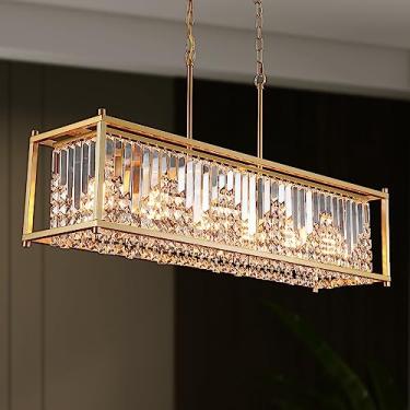 Imagem de Q&S Lustre de cristal retangular moderno, lustres retangulares dourados para sala de jantar luxo 6 luzes para cozinha ilha bar sala de estar mesa de sinuca hotel escritório restaurante L37,5 UL