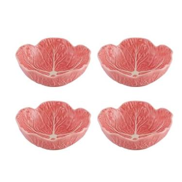 Imagem de Bordallo Pinheiro Conjunto de 4 tigelas de repolho grandes com motivo de folha rosa – Tigela de servir de mesa portuguesa feita à mão para cereais, massas, aperitivos, lanches, sobremesas, 18 cm D